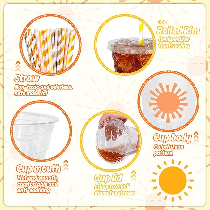Whaline 60Pcs Boho Sun Disposable Plastic Cups With Lids And Straws 12 oz Colorful Sunshine Pattern Cold Beverage Drinking Cup For First Birthday Baby Shower Party