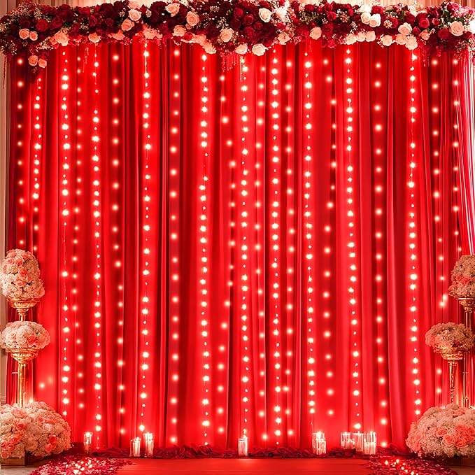 Red Backdrop Curtains with Lights for Parties,10x10FT Wrinkle Free Red Photo Backdrop Curtains for Wedding Baby Shower Birthday Ceremony Reception New Year Decorations-5ft x 10ft,2 Panels