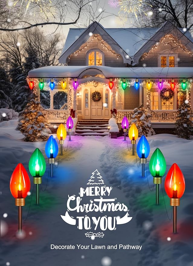 Super Jumbo 2 Pack Christmas & Pathway String Lights, Outdoor Xmas Decor - 11Ft 5 Jumbo LED Hanging Lights, Waterproof Lawn Decoration for Home Tree Roof Yard Garden, Multicolor