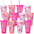 12 Pcs Sleepover Party Cups with Lids and Straws, 24 oz Glitter Iced Coffee Tumbler Sleepover Party Supplies for Girls
