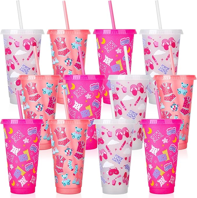 12 Pcs Sleepover Party Cups with Lids and Straws, 24 oz Glitter Iced Coffee Tumbler Sleepover Party Supplies for Girls