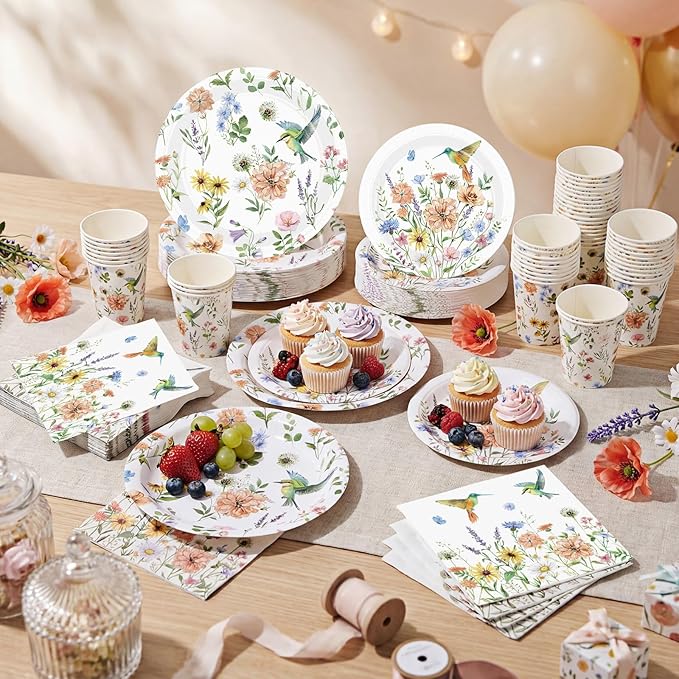 Pickmesh 250 Pcs Spring Wildflower Decoration Floral Hummingbird Themed Disposable Paper Plates Napkins and Cups Dinner Tableware for Birthday Party Dinnerware Birthday Baby Shower Tea Party Supplies