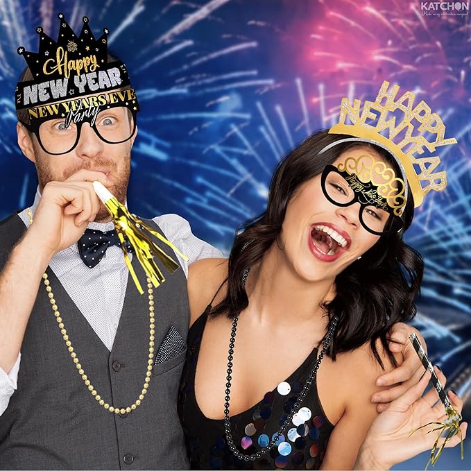 KatchOn, New Years Eve Party Favors - Pack of 74 | Happy New Year Glasses, Photo Props, Hats and Noise Makers | New Years Headband 2026, New Year's Eve Party Supplies for Happy New Year Decorations