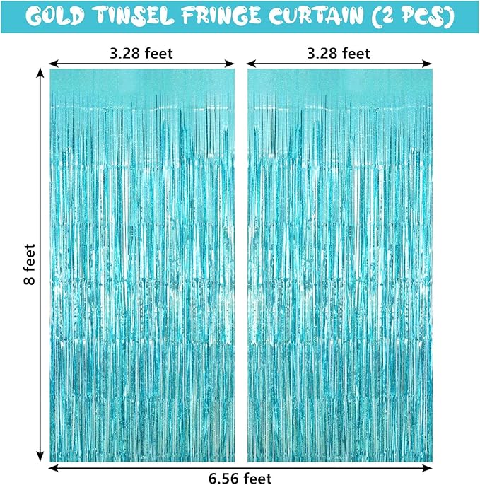 Blue Tinsel Foil Fringe Curtain Backdrop, 3.3 x 8.2 ft Metallic Glitter Curtain Streamers, 2 Pack Light Blue Photoboth for Birthday Mermaid Baby Shower Party Decorations