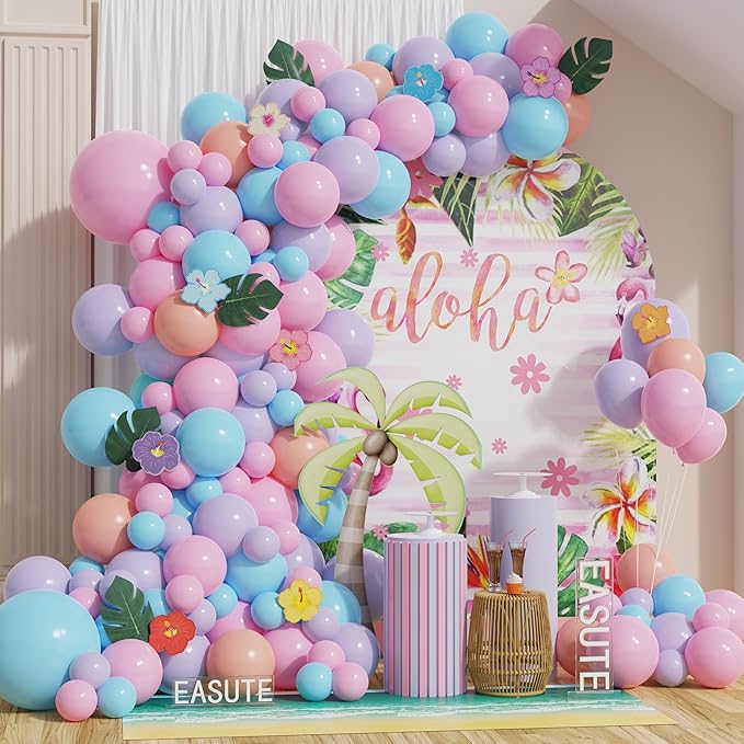 Moana Birthday Decorations Pink Purple and Blue Balloon Arch Kit with Summer Hibiscus Stickers for Tropical Hawaii Luau Tiki Magic Theme Party Supplies