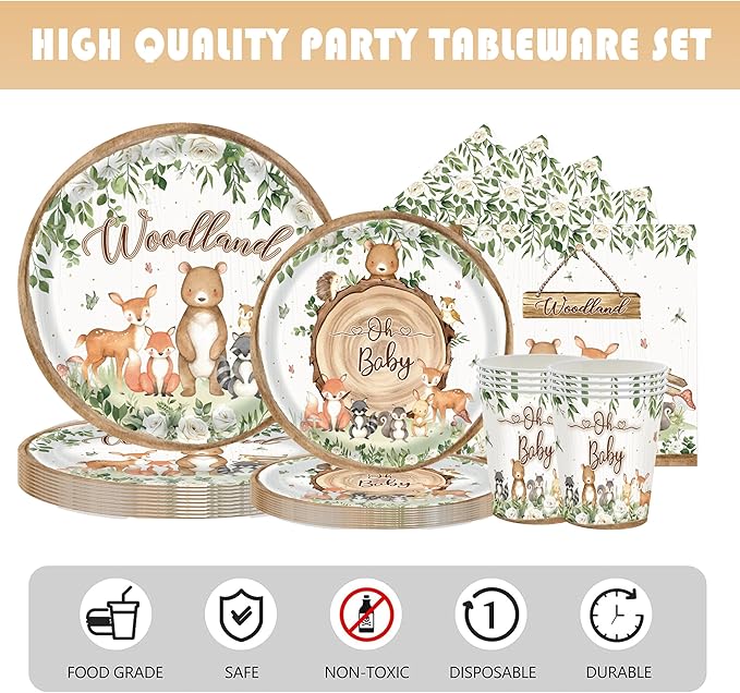 193 Pcs Woodland Baby Shower Party Supplies for 24 Guests - Jungle Animal Theme Decorations with Plates, Cups, Napkins, Cutlery, Straws, and Tablecloth - Disposable Safari Baby Shower Party Set