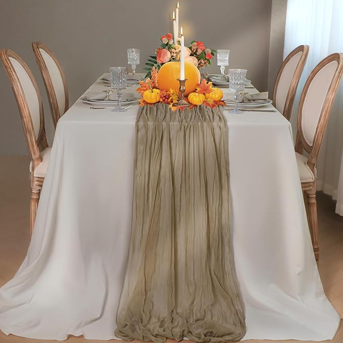 Snowkingdom 6PCS Light Brown Christmas Cheesecloth Table Runner, 120 inch Long Tan Boho Gauze Sheer Runner for Wedding Baby Shower Birthday Xmas Holiday Party Table Decorations