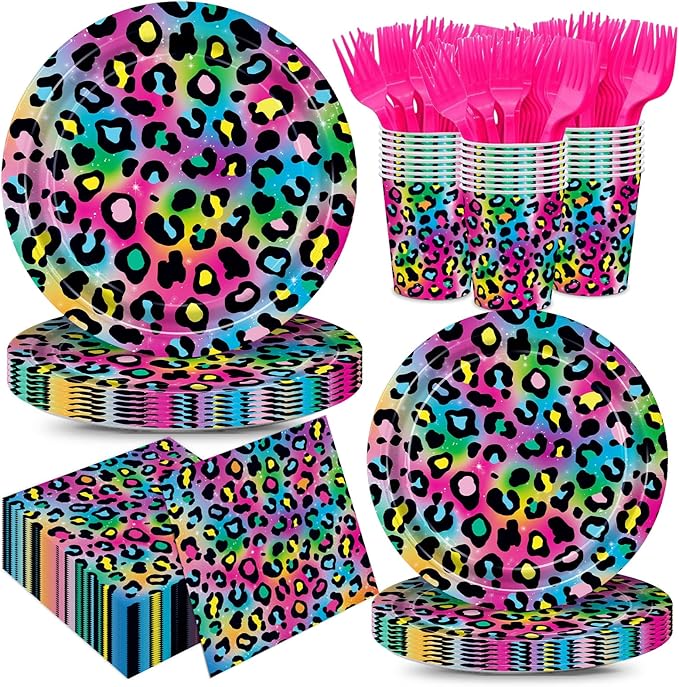 120pcs Neon Rainbow Leopard Birthday Party Supplies Paper Plates Napkins Cheetah Girl's Sparkly Splatter Paper Tableware Set Disposable Cups Pink Forks 24 Guests