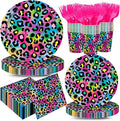 120pcs Neon Rainbow Leopard Birthday Party Supplies Paper Plates Napkins Cheetah Girl's Sparkly Splatter Paper Tableware Set Disposable Cups Pink Forks 24 Guests