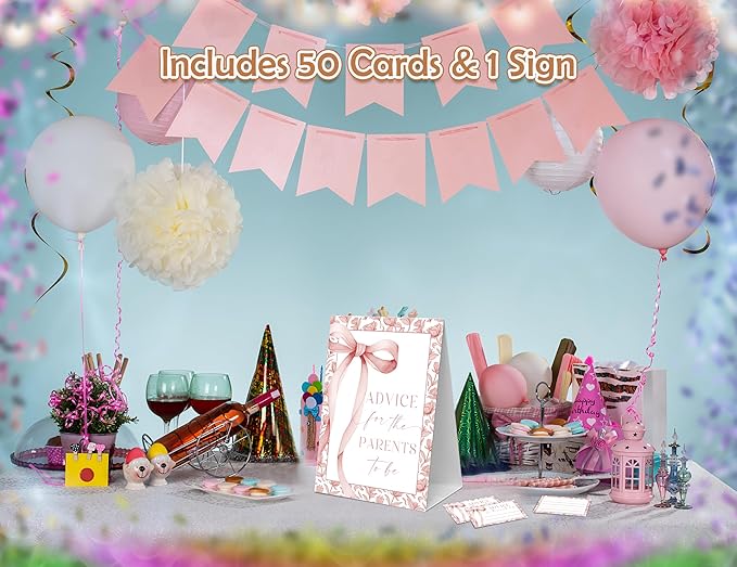 Pink Bow Baby Shower Games, 1 Baby Shower Sign And 50 Baby Shower Advice Cards, Gender Reveal Gifts for Parents To Be, Baby Shower Decor for Baby Shower and Gender Reveal Party, Baby Shower Gifts-6