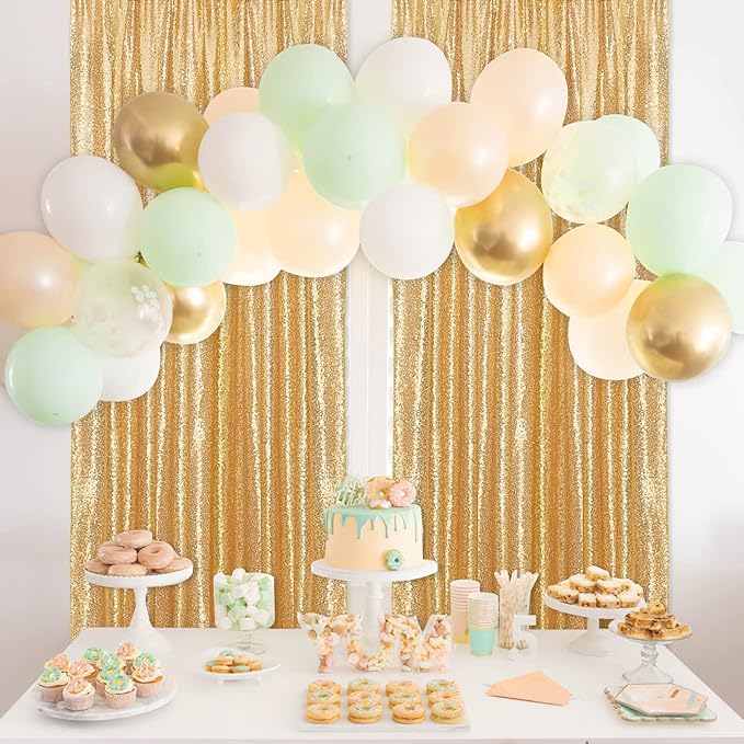 B-COOL Sequin Backdrop Gold Curtains 4 Panels 2ftx8ft Glitter Shimmer Fabric Sparkly Drapes for Background Wedding Banquet Party Decorations