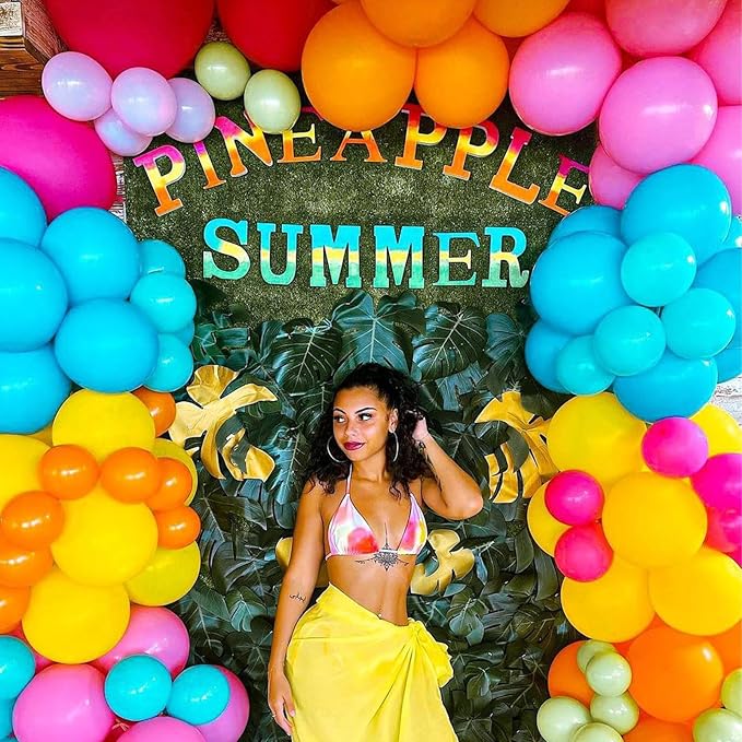 Summer Tropical Balloon Arch Garland Kit, Rainbow Colorful Pink Green Blue Yellow Orange Balloon Garland Kit with Hawaii Balloons for Hawaiian Luau Aloha Birthday Baby Shower Pool Party Decorations
