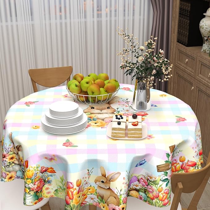 Easter Rabbit Round Tablecloth Pink Blue Pliad Circle Table Cloth 70 Inch Farmhouse Floral Table Cover Washable Polyester Indoor Decorations for Home Kitchen Dinning Party