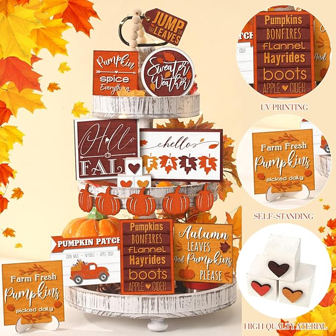 14 Pcs Thanksgiving Tiered Tray Decor Thanksgiving Pumpkin Fall Home Decorations Set Rustic Farmhouse Pumpkin Truck Spice Blocks Autumn Winter Wooden Sign for Fall Christmas