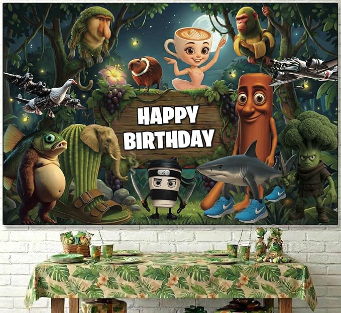 IndoTribe Italian Brainrot Birthday Decorations 6x4ft Italian Brainrot Happy Birthday Backdrop Jungle Theme Italian Brainrot Birthday Party Decorations Italian Themed Happy Birthday Banner for Boys