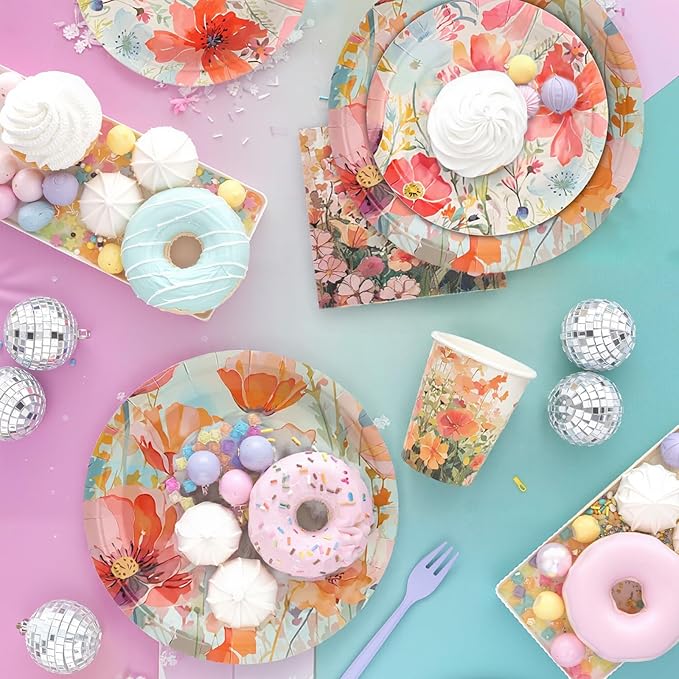 80pcs Floral Party Plates Disposable Tableware Set Orange Flower Paper Plates for 20 Guests Kids Party Picnic Wedding Tea Party Table Supplies (Include Plates, Cups and Napkins)