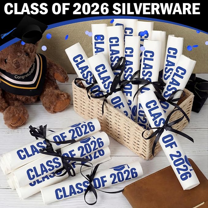 100 Set Graduation Class of 2026 Guest Blue Napkins Black Rolled Silverware Disposable Grad Award Dinner Napkin with Ribbon and Scissors for Celebration