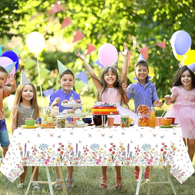 1 Pc Wildflower Tablecloth Spring Summer Floral Table Cover for Butterfly Wildflowers Theme Picnic Dining Holiday Weeding Baby Shower Birthday Tea Party Table Supplies Decorations