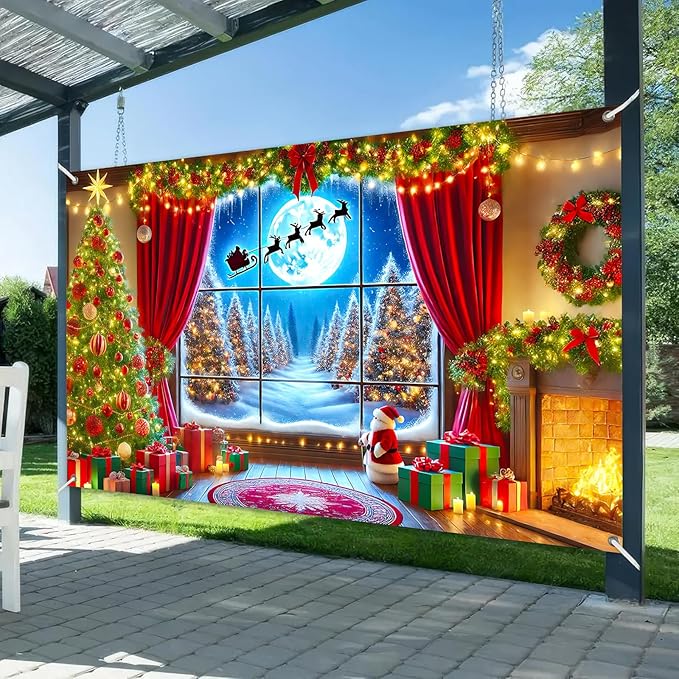 Merry Christmas Backdrop 71x43 Inch Winter Forest Photography Banner with Santa Sleigh Fireplace Moon Scene and Red Curtain Decorations for Holiday Party Wall Display