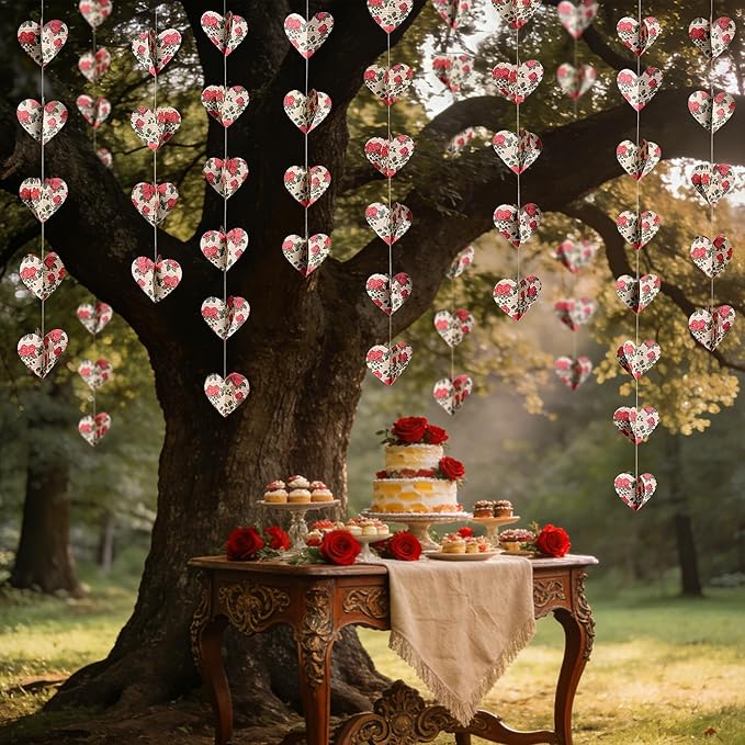 Heart Party Decorations Vintage Red Rose 3D Love Heart Newspaper Hanging Floral Recycled Book Garland Streamer Banner for Valentines Day Anniversary Birthday Wedding Engagement Holiday Party Supplies