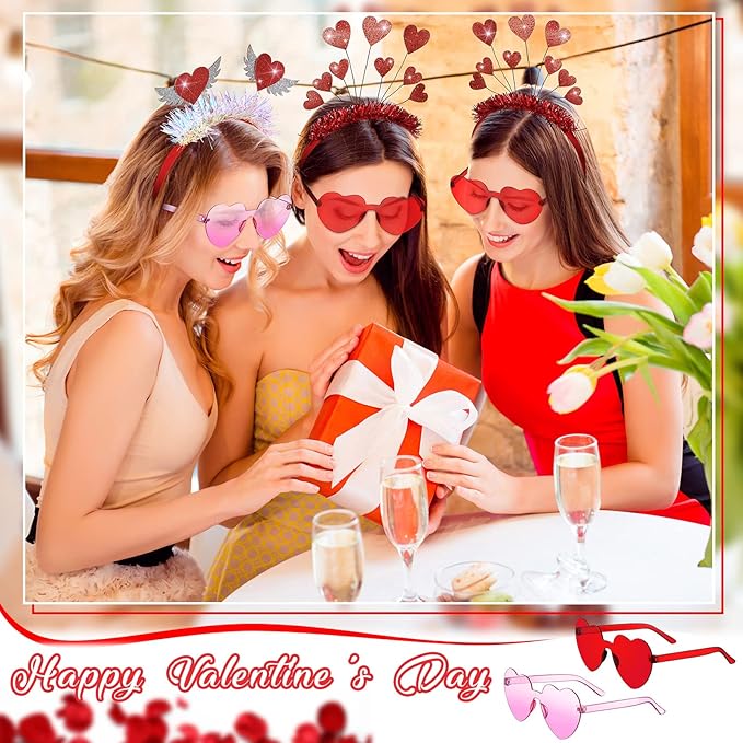 MTLEE 8 Pcs Valentines Day Heart Head Bopper Headband and Heart Sunglasses Bulk Valentines Photo Prop Galentines Party Favor