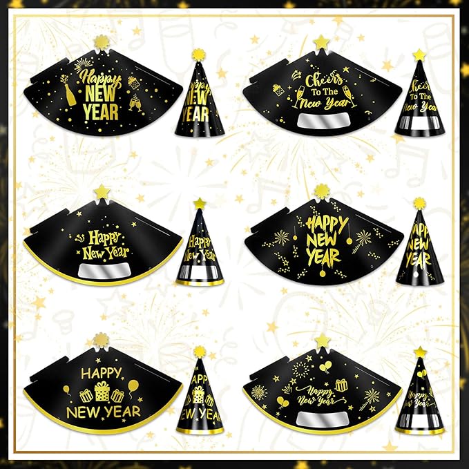 New Years Eve Party Supplies 2026 94PCS Happy New Years Decoration Hats Headband for 2026 Party Props Festival Decorations Count Down NYE Party Supplies Favors (Black Gold -1)