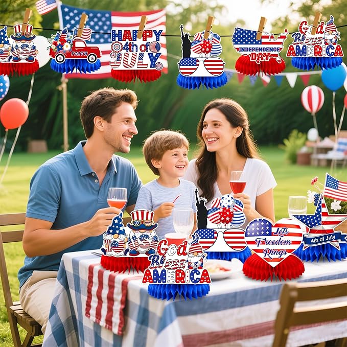 JULMELON 8PCS 4th of July Table Decorations Honeycomb Centerpieces, 3D Double Sided Fourth of July Centerpieces for Tables Patriotic Decor Independence Day Party Supplies