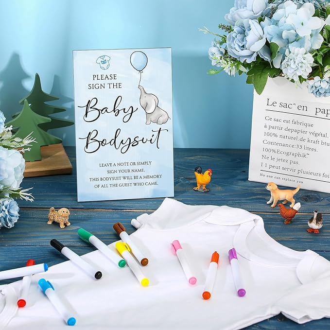 Qunclay 12 Pcs Baby Shower Game Decor with White Unisex Bodysuit Wooden Sign Tabletop Decor and Marker for Guests(Elephant)