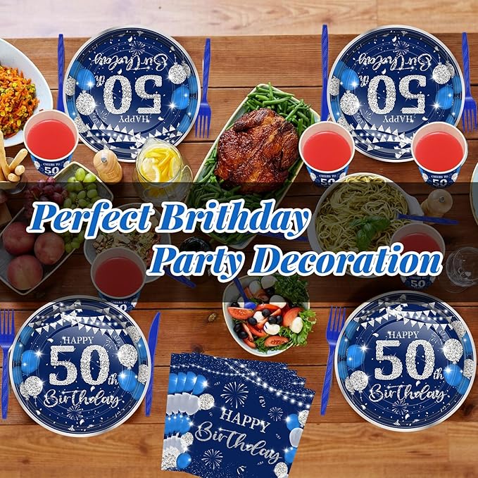 240 Pcs 50th Birthday Decorations 1976 Birthday Party Tableware Include Plates Napkins 9oz Cups Cutlery 50th Anniversary Party Supplies for Men Women Him Her, Serve 30 Guests (Blue Silver)