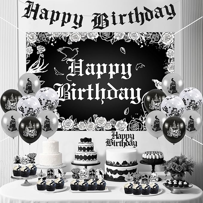 Gothic Birthday Decorations, Skull Theme Happy Birthday Backdrop Cake Topper Banner, Black Silver Cupcake Picks Balloons Bday Party Supplies Photography Background for Men Women