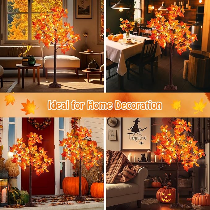 2Pack 4FT Artificial Prelit Lighted Fall Maple Tree for Home Fall Halloween Thanksgiving Table Harvest Home Indoor Decoration