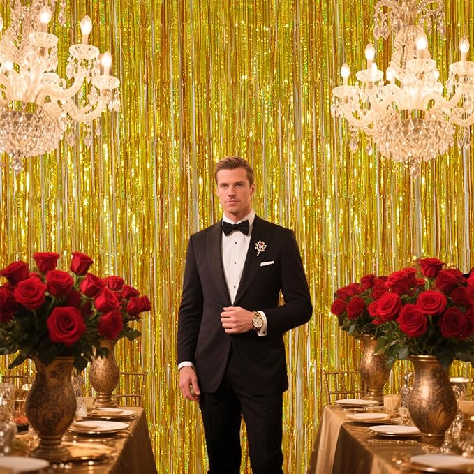 Shimmering Gold Foil Fringe Curtains - 3.28 x 6.56ft Metallic Streamers Tinsel Photo Booth Backdrop Curtain for Birthday Party, Wedding & Photography Background Photo Booth Decoration