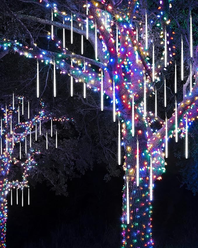 iBaycon 20 Tubes 480 LED Meteor Shower Rain Lights, 11.8 inches Cascading Icicle Lights Waterproof Outdoor, Connectable Falling Raindrop Lights with Timer for Holiday Party Christmas Decorations