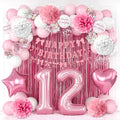 12th Birthday Decorations for Girls Pink Number 12 Balloon Bow Coquette Happy Birthday Banner Fringe Curtain Paper Pom Poms Star Heart Foil Pink White Balloons 21 Year Old Party Decor