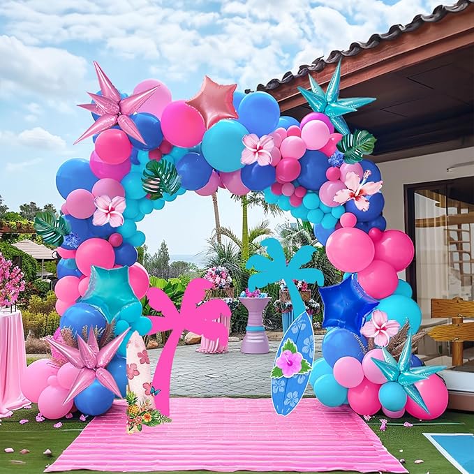 Blue and Pink Balloon Garland Arch Kit 135Pcs with five-pointe Star balloons for summer aloha Baby shower Gender reveal Hawaii cartoon birthday decorations