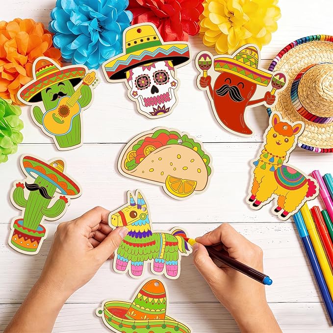 36PCS Wooden Cinco De Mayo Crafts Decorations Mexican Fiesta Party Ornaments to Paint, 12 Styles DIY Blank Unfinished Wood Cutouts for Tree Hanging Mexican Theme Carnival Taco Birthday Party