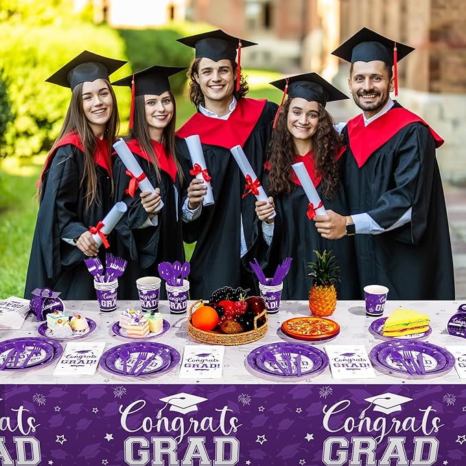 Graduation Party Supplies Congrats Grad Plates and Napkins Set Disposable Tableware Paper Plates Napkins Cups Knives Spoons Forks Straw for Class of 2025 Graduation Party Decorations Serve100 (Purple)