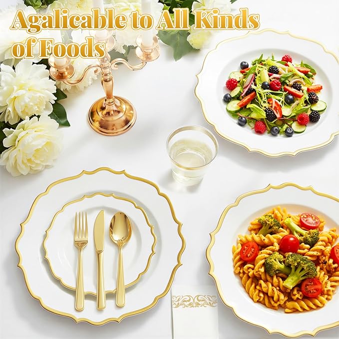 175 Plastic Dinnerware Set Gold Disposable Dinnerware Set for 25 Guests Include 50 Plastic Plates 25 Silverware Set 25 Cups and 25 Napkins for Easter Party Wedding Birthday