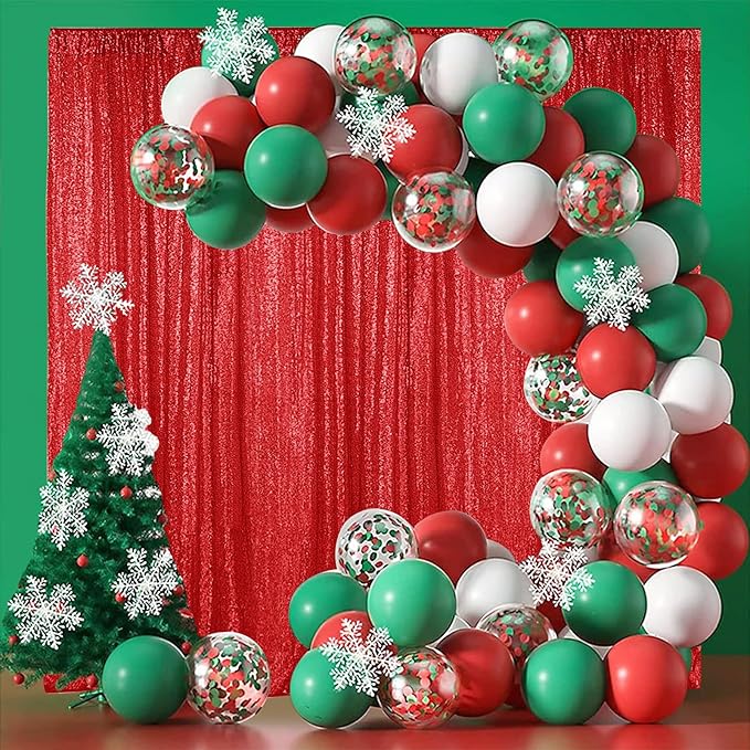 Hahuho Red Sequin Backdrop Curtain, 4PCS 2FTx8FT Glitter Backdrop Curtain for Parties, Christmas, Wedding, Party Decoration（4 Panels, 2FT x 8FT, Red
