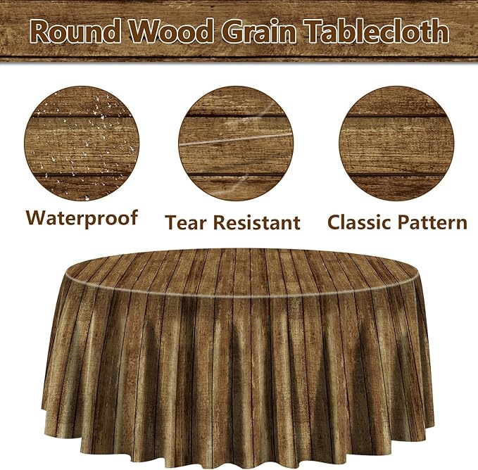 6 Pcs Wood Grain Tablecloths for Round Table Western Party Decorations Plastic Western Party Tablecover for Cowboy Party Decorations Little Cowboy Birthday Baby Shower Vintage Farmhouse, 84 x 84in (6)