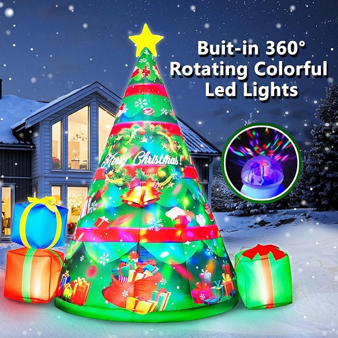 7FT Christmas Inflatables Tree Built-in 360° Rotating Colorful LEDs & Lighted Star, Christmas Decoration Outdoor Blow up Yard Decorations with 3 Gift Boxes for Xmas Party Holiday Indoor
