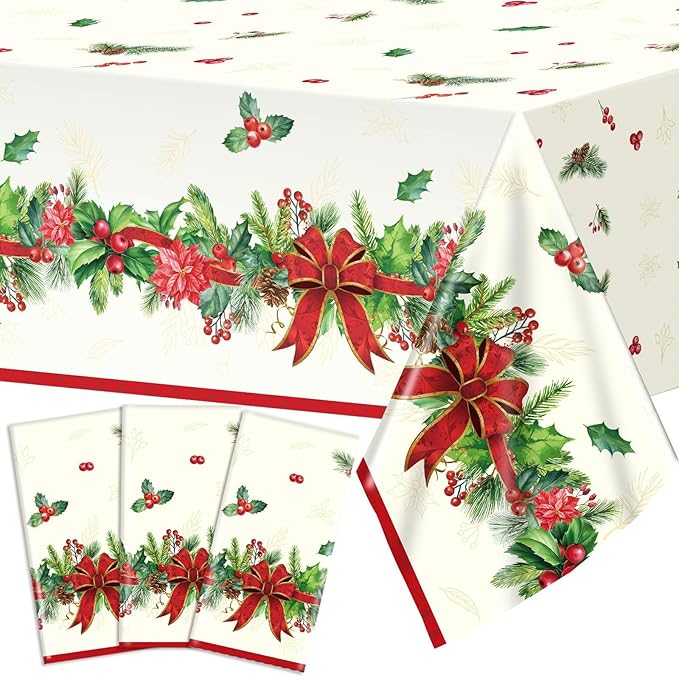 OBUSATT 3pcs Christmas Party Tablecloth Holly and Pine Cone Merry Christmas Holiday Table Cloth 108 x 54 Inch Rectangle Waterproof Xmas Holiday Table Cover Decorations for Christmas Party Supplies