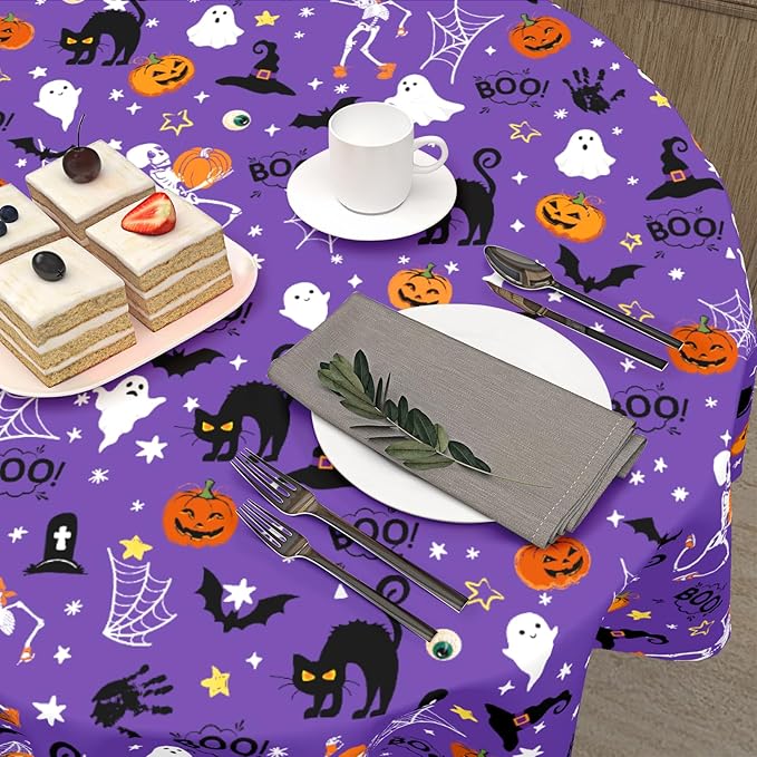 Halloween Tablecloth Round 60 Inch Purple Outdoor Table Cloth Black Orange Pumpkin Table Cover for Kitchen Dinner Room Holiday Party Outdoor Home Halloween Decor