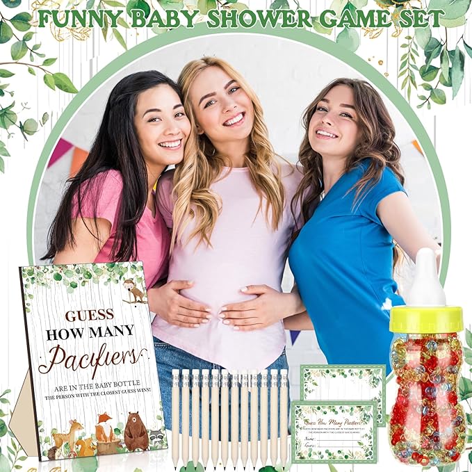 Syhood Woodland Animal Baby Shower Games Guess How Many Pacifiers Game Sign 50 Small Guessing Games 20 HB Pencils 750 ml Milk Bottle 400 Pacifiers Decorations Guests Gender Reveal Party Favors