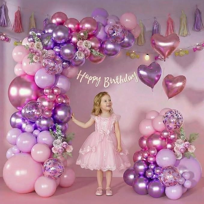 Pink Purple Balloon Garland Arch Kit,126Pcs Metallic Purple Rose Red Confetti Balloons with Heart Foil Balloon for Women Birthday Bridal Baby Shower Wedding Party Decoration