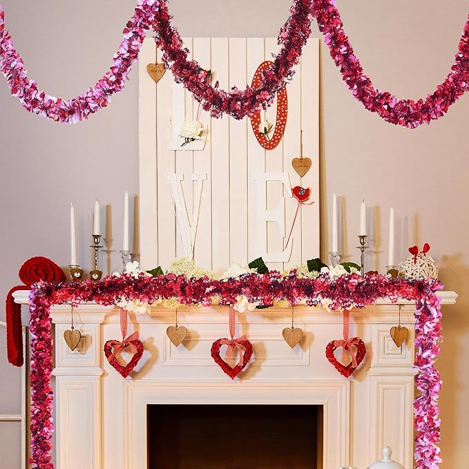 Meag-L Valentines Day Decorations 29.5Ft Heart Tinsel Garland 3PCS Red Pink White Valentines Day Decor Metallic Hanging Wreath Supplies for Home Mantle Tree Indoor Outdoor Wedding Galentines Day