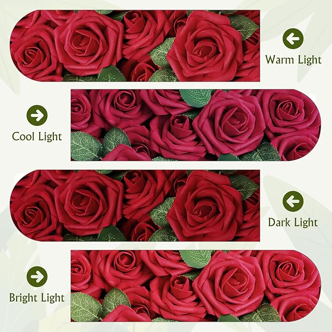 AmyHomie Artificial Flower Dark Red Rose 100pcs Real Looking Fake Roses w/Stem for DIY Wedding Bouquets Centerpieces Arrangements Party Baby Shower Valentines Day Christmas Tree Decorations