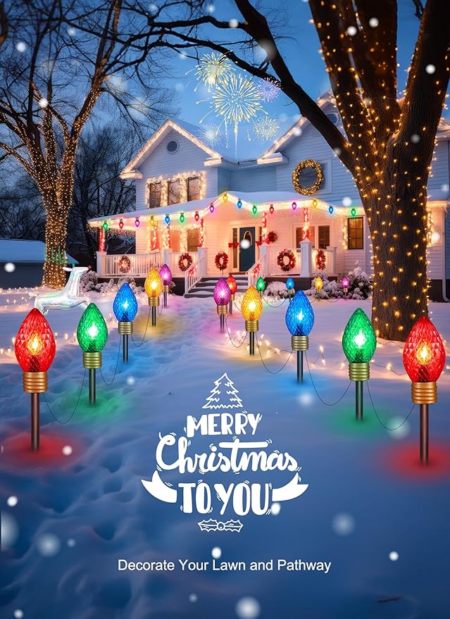 Strawberry Jumbo Lights C9 Christmas Pathway Lights Outdoor - 2 Pack 10.5 Feet 5 Lights C9 Walkway Lights, C7 Lights Covered Jumbo Multicolor Light Bulb Outdoor Decorations for Lawn Garden Outside