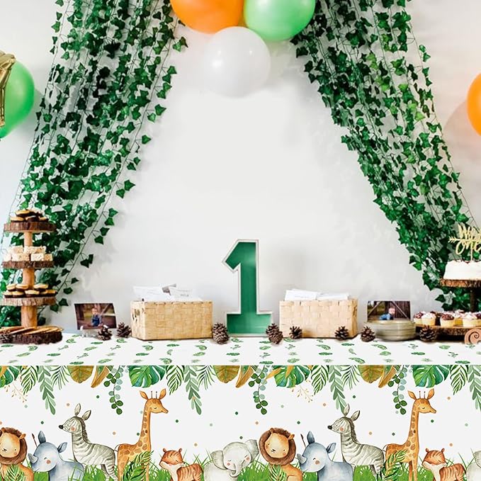 Staraise Jungle Safari Tablecloths,3Pcs Wild Animal Table Cover for Safari Baby Shower Decorations,Boys and Girl Birthday Party Sage Green Theme Party Supplies