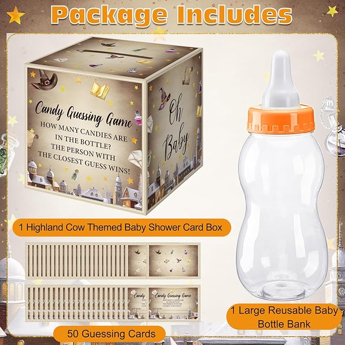 Glenmal 52 Pcs Baby Shower Games Gift Sets Large Baby Bottle for Shower Game Guess How Many Candies Decorations for Gender Reveal(Magical Wizard)